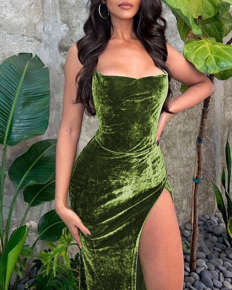 

Criss Cross Backless Split Thigh Velvet Prom Dress, Green