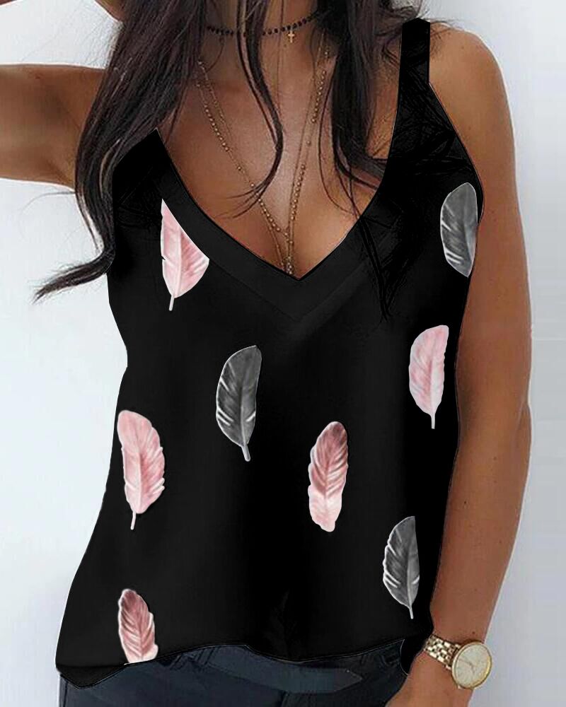 

Feather Print V-Neck Casual Tank Top, Black
