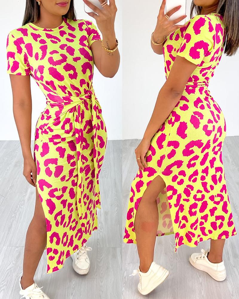 

Leopard Print Knotted Slit Casual Dress, Yellow