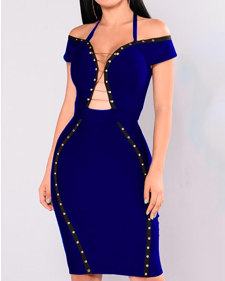

Eyelet Ladder Halter Bodycon Dress, Blue