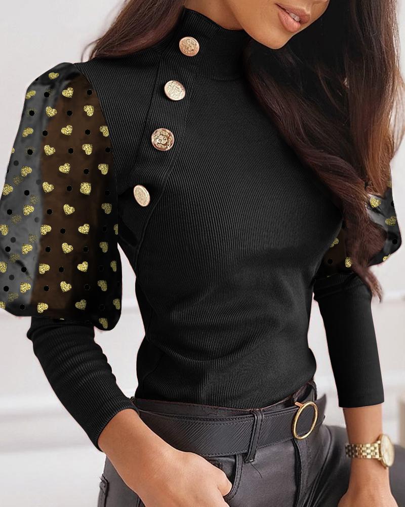 

Heart Embroidery Sheer Mesh Puff Sleeve Ribbed Top, Black