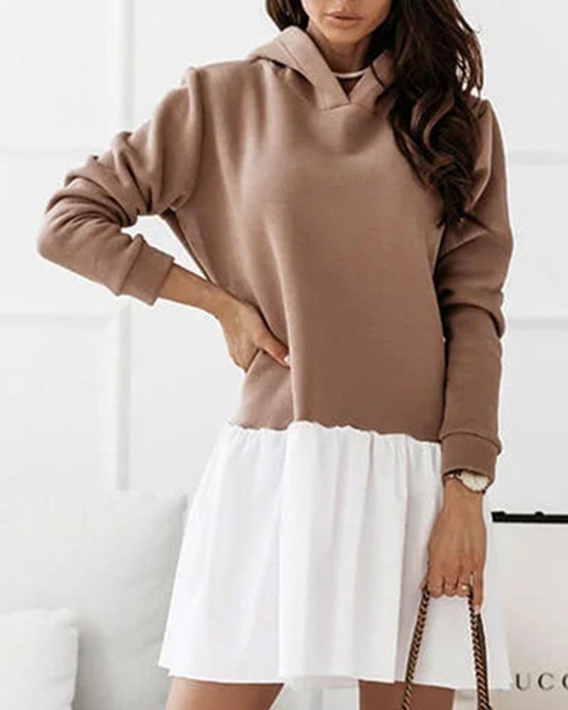 

Colorblock Long Sleeve Hooded Sweatshirt Dress, Coffee