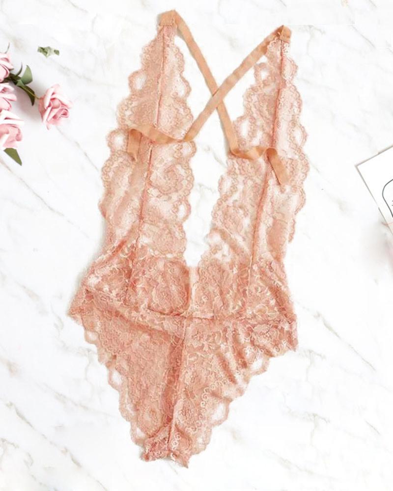 

Perspective Lace Hem Halter Bodysuit, Pink