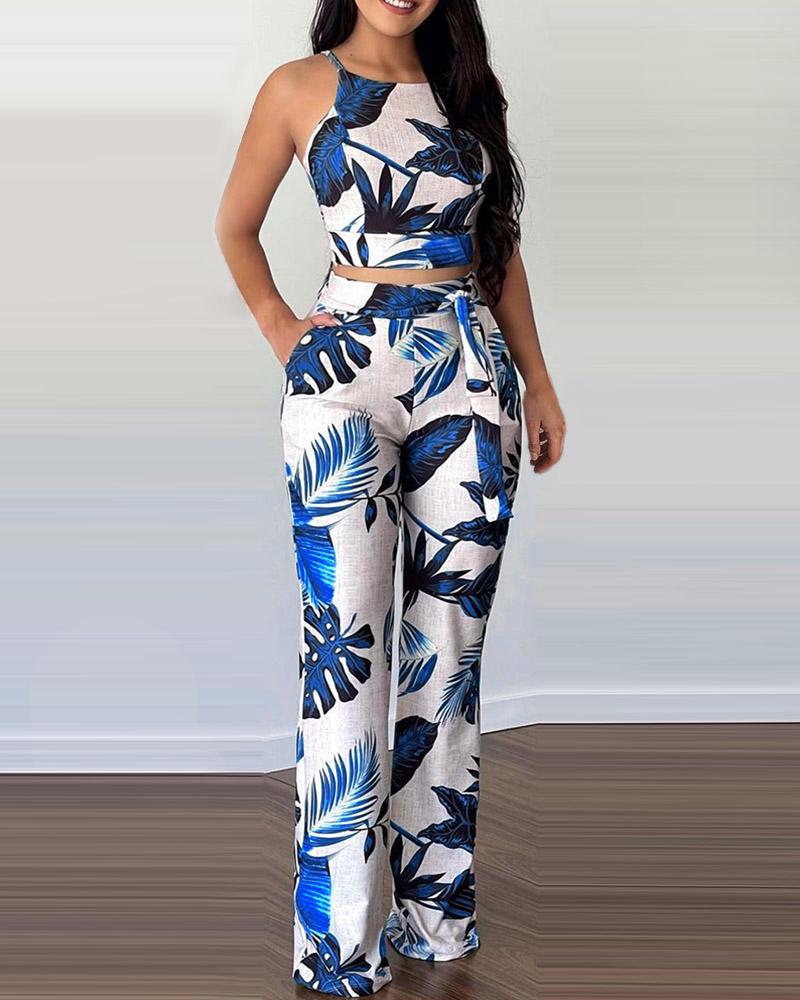 

Tropical Print Top & Pants Set, Dark blue