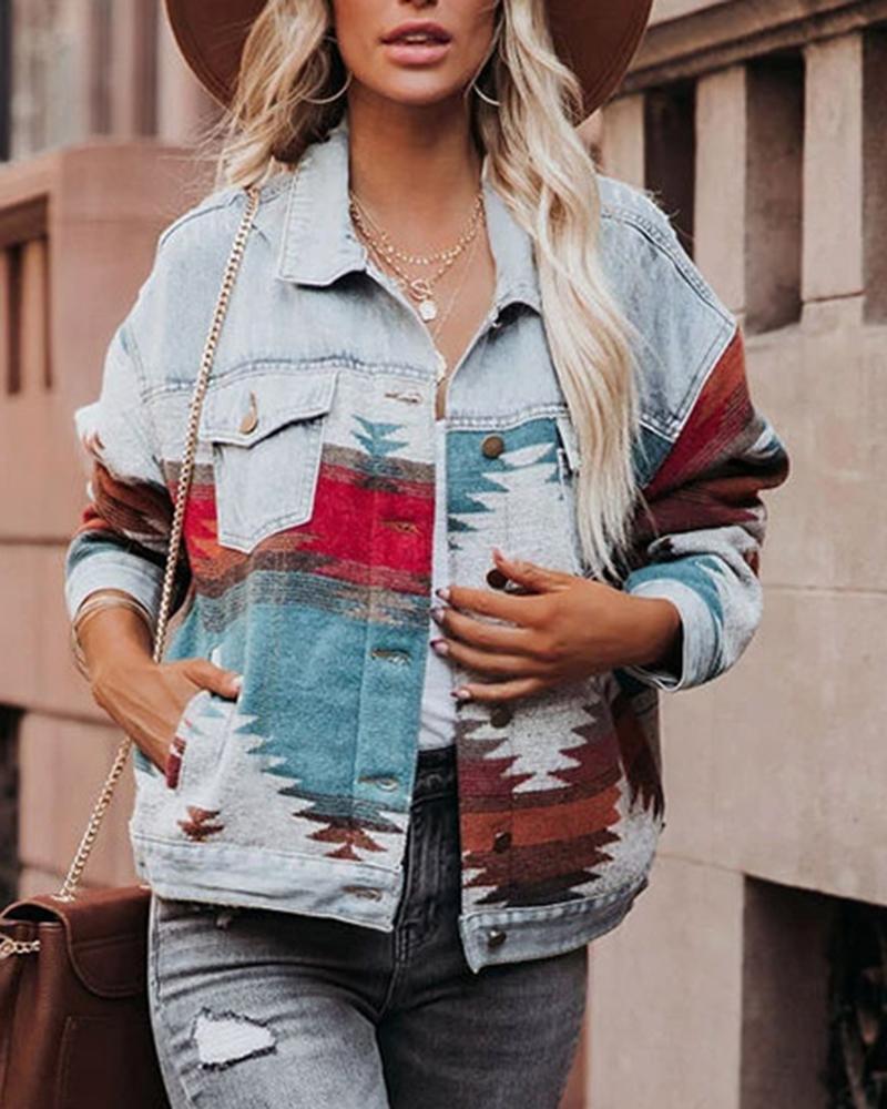 

Aztec Geometric Print Denim Patch Jacket, Light blue