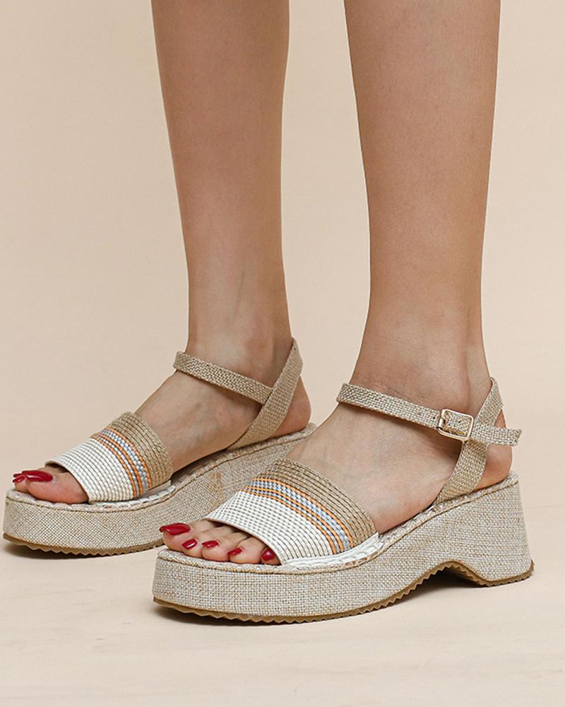 

Round-toe Color Block Weave Wedge Shoes, White