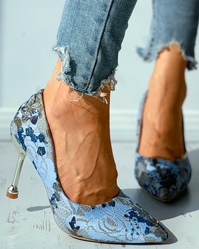 

Floral Pattern Pointed Toe Stiletto Heel, Blue