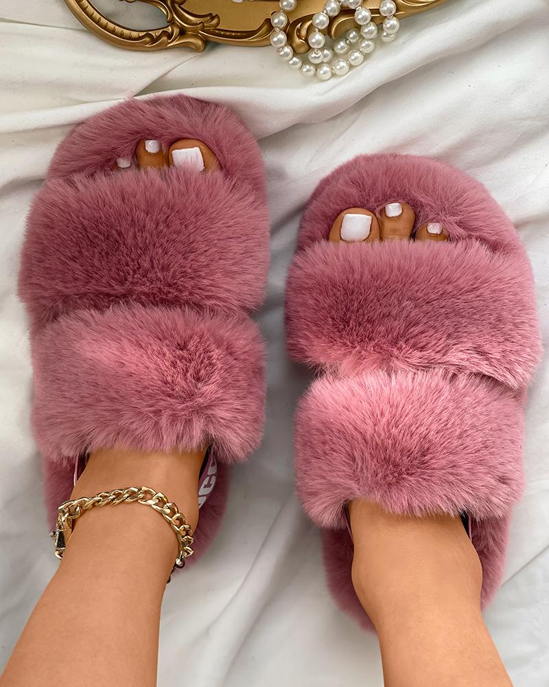 

Letter Print Strap Peep Toe Fluffy Slippers, Pink