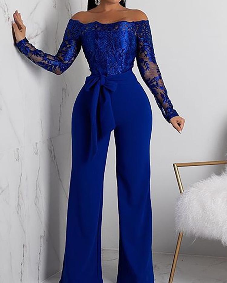 

Wide Leg Lace Bodice Belted Jumpsuits, Blue