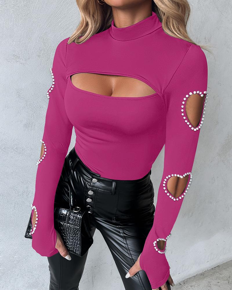 

Beaded Decor Cutout Long Sleeve Top, Hot pink