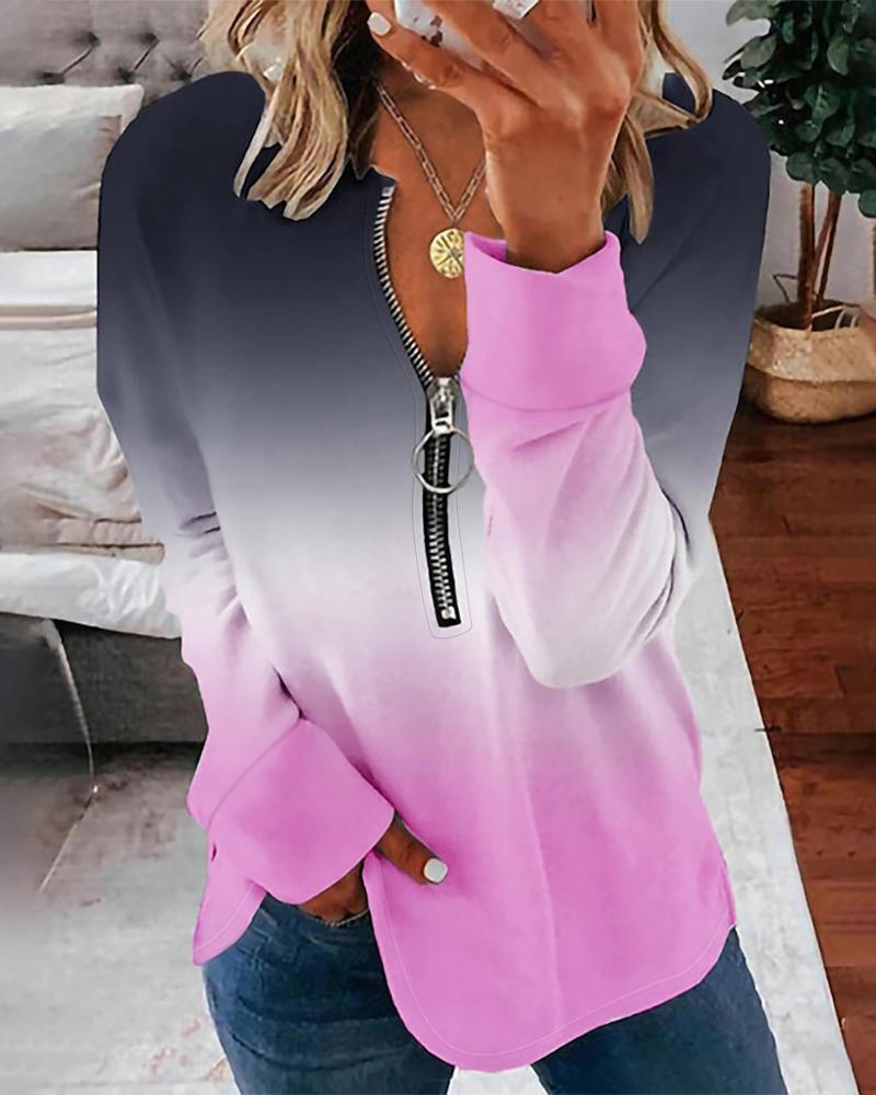 

Ombre Long Sleeve Zipper Design Top, Pink