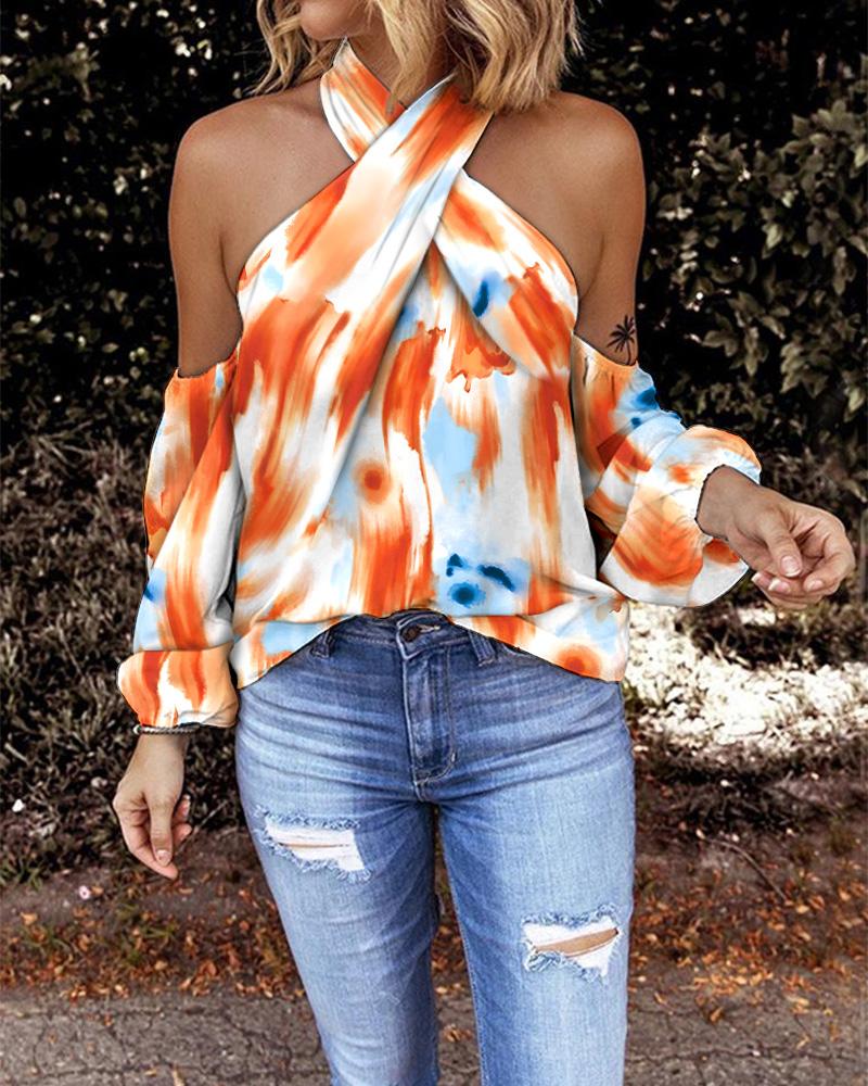 

Tie Dye Print Crisscross Halter Cold Shoulder Top, Multicolor