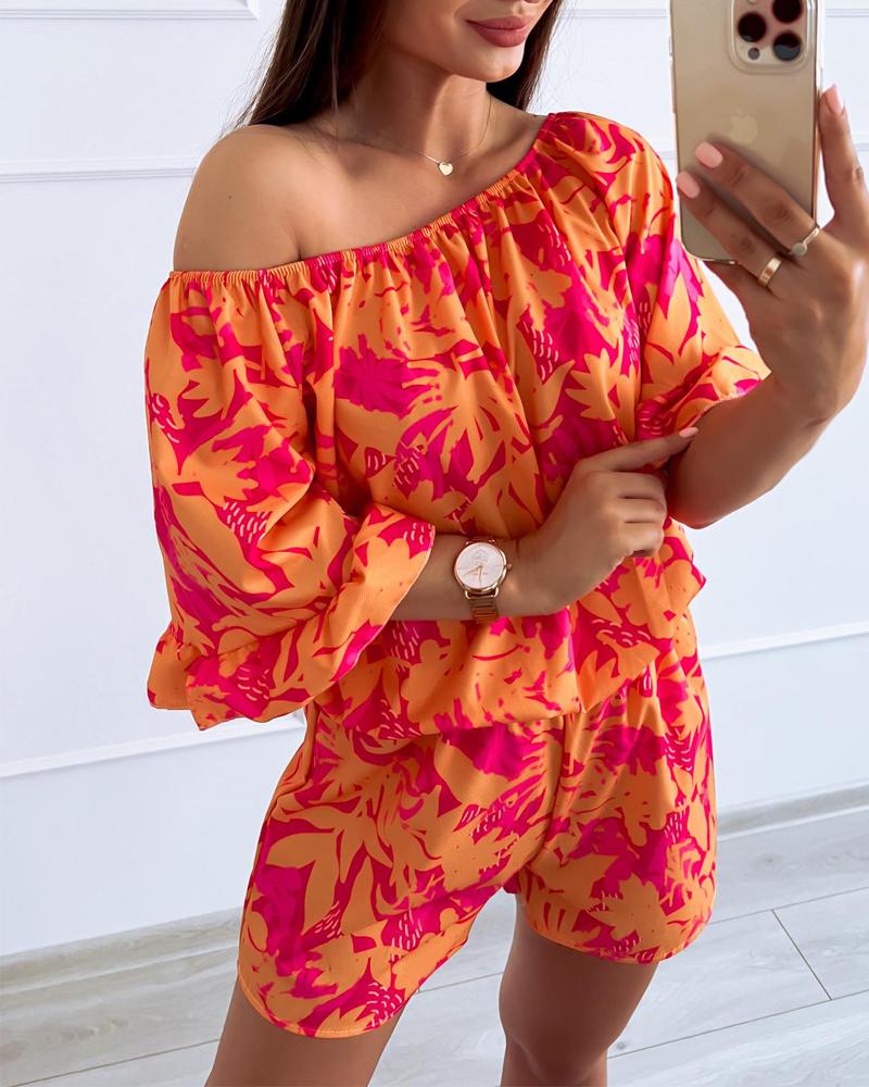 

Plants Print Off Shoulder Bell Sleeve Romper, Orange