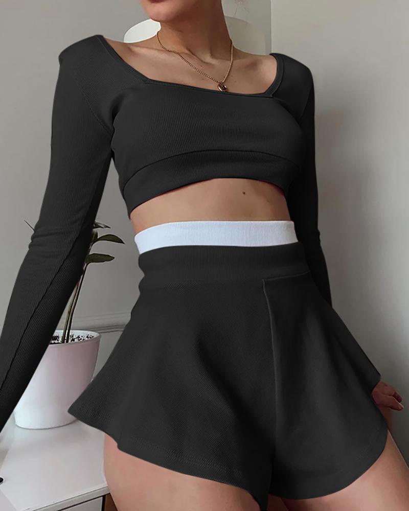 

Long Sleeve Crop Top & High Waist Colorblok Shorts Set, Black