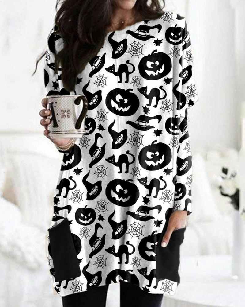 

Halloween Pumpkin Graphic Print Pocket Detail Long Sleeve Dress, Style9