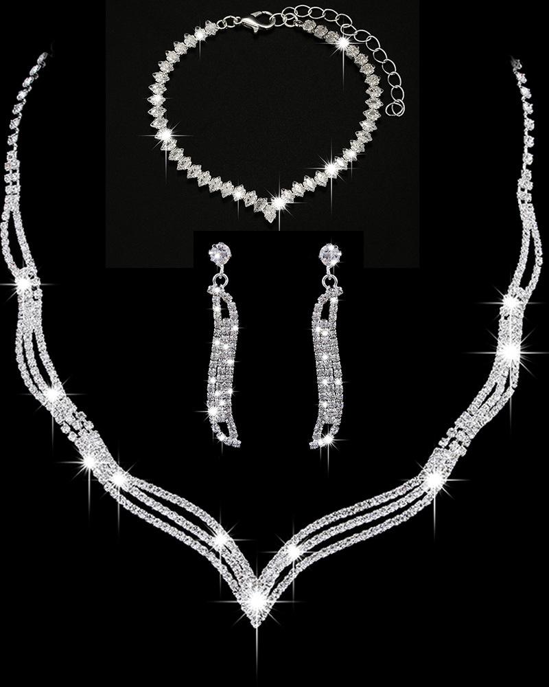 3PCS Rhinestone Hollow Out Chain Necklace & Drop Earrings & Bracelet Evening Party Wedding Jewelry Set