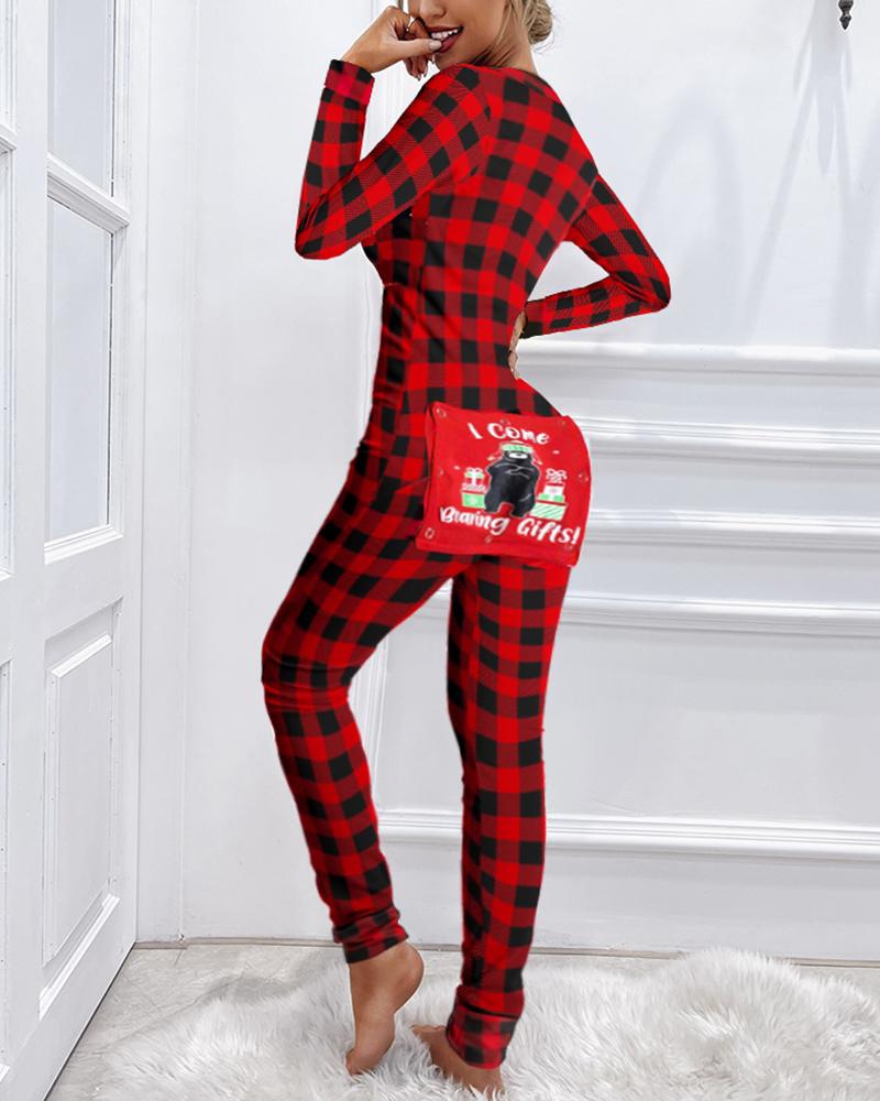 

Plaid Functional Buttoned Flap Adults Pajamas, Red