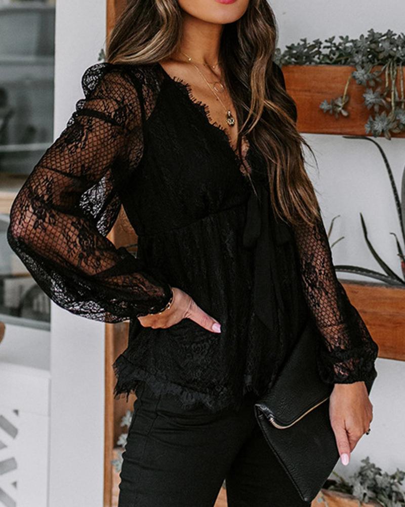 

Lace Patchwork Long Sleeve Loose Blouse, Black