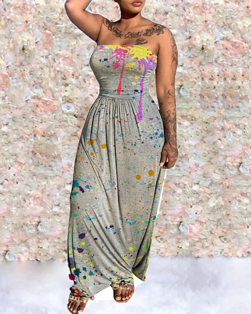 

Ink Splash Print Bandeau Ruched Maxi Dress, Gray