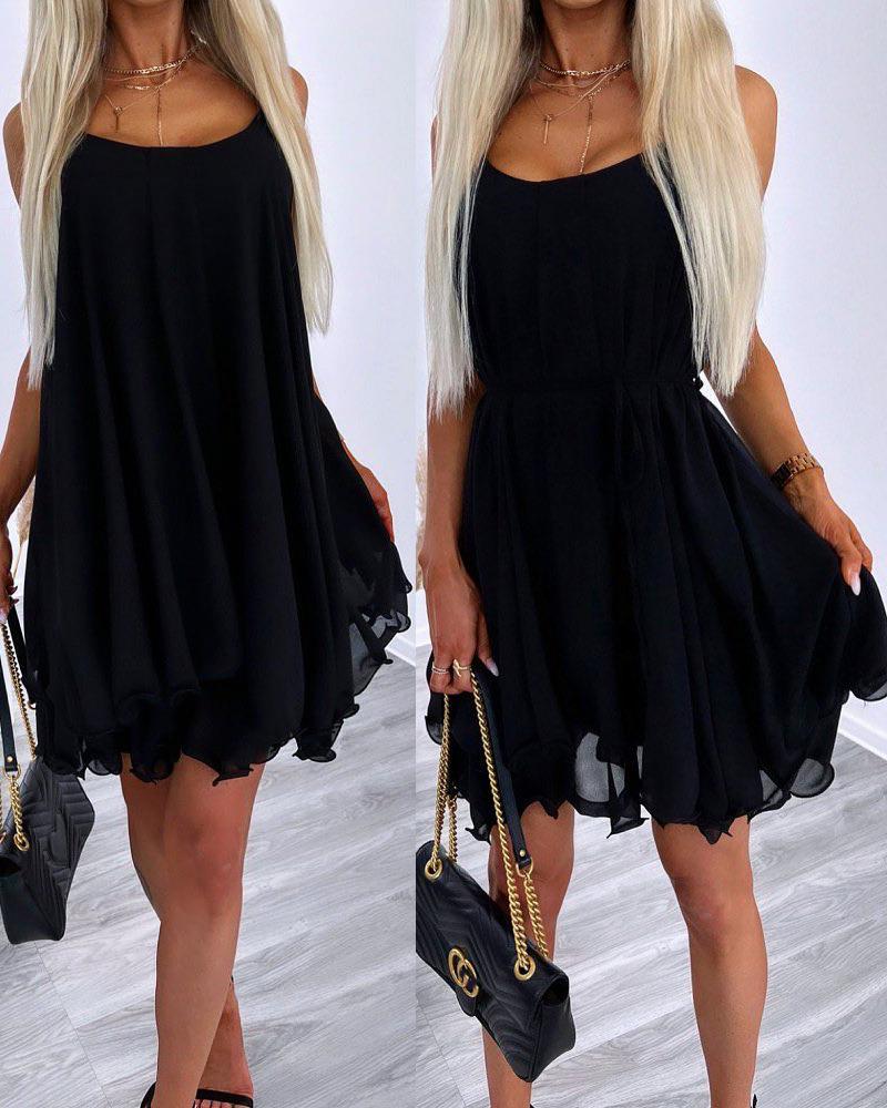 

Scoop Neck Layered Ruffles Dress, Black