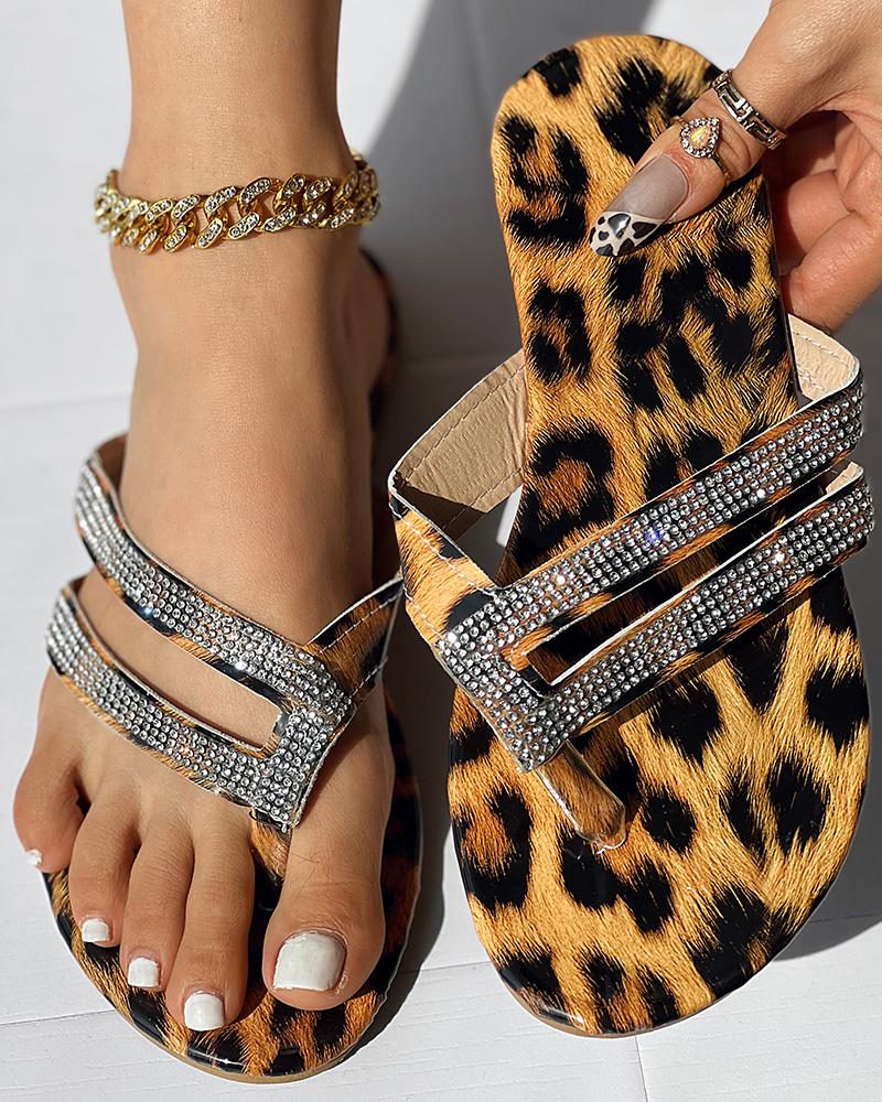 

Rhinestone Decor Toe Post Flip Flops, Leopard