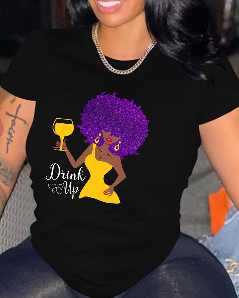 

Figure Wine Glass Print Casual T-shirt, Black
