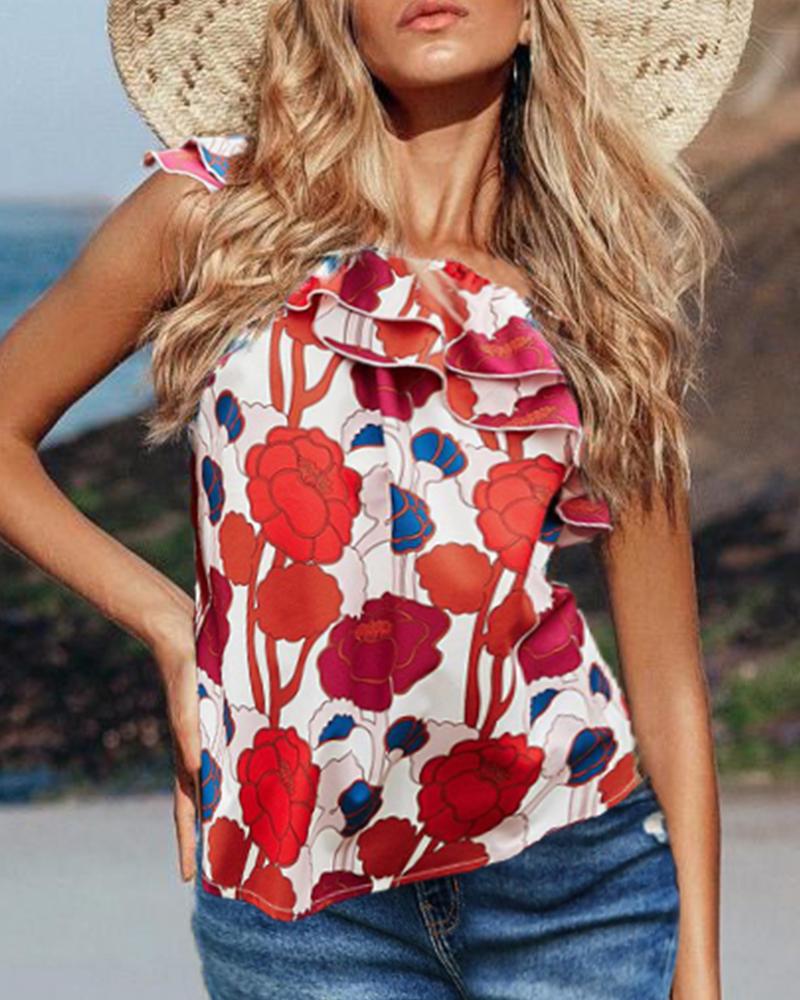 

Floral Print One-shoulder Ruffles Tanks, Multicolor