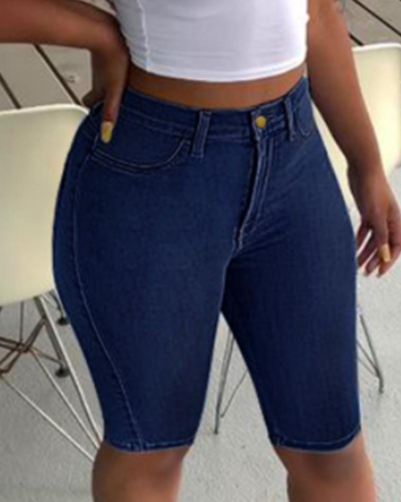 

Solid Zipper Fly High Waist Denim Shorts, Dark blue