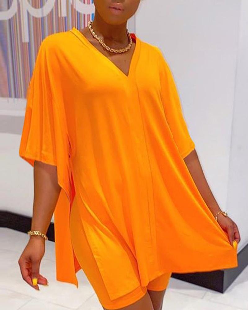 

Batwing Sleeve Split Hem Asymmetrical Top & Shorts Set, Orange