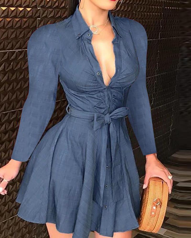 

Mixed Print Buttoned Long Sleeve Ruffles Dress, Blue