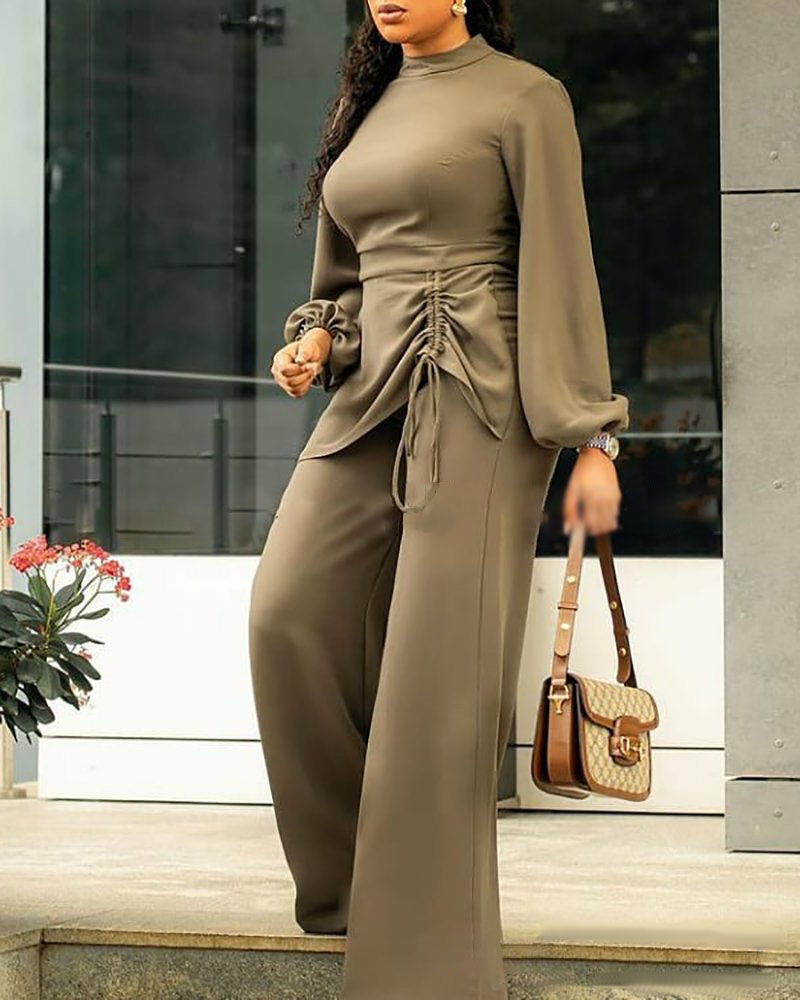 

Plus Size Drawstring Detail Lantern Sleeve Jumpsuit, Green