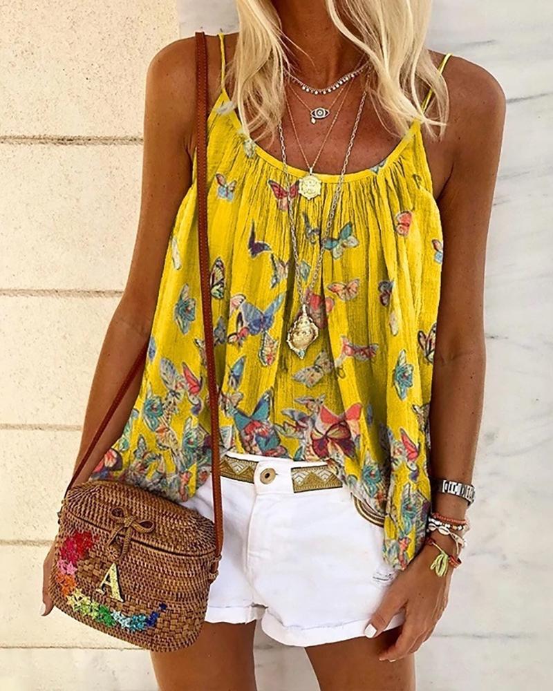 

Spaghetti Strap Butterfly Print Casual Top, Yellow