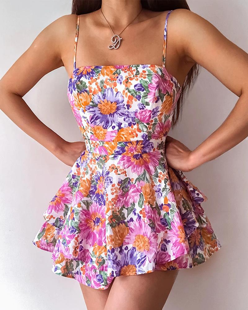 

Floral Print Knotted Backless Layered Ruffles Romper, Multicolor