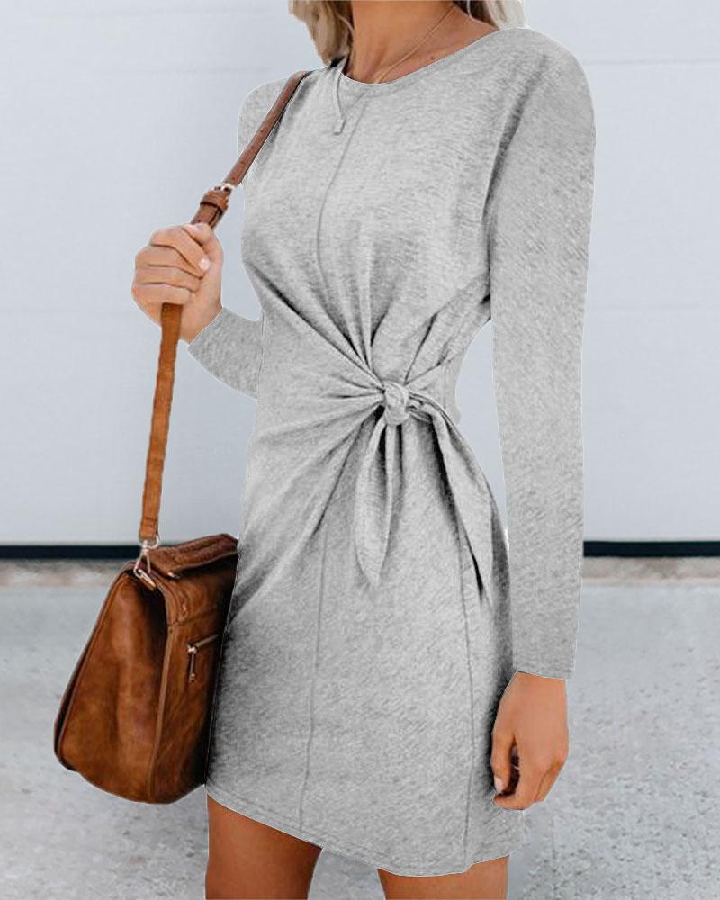 

Knotted Design Round Neck Long Sleeve Dress, Gray