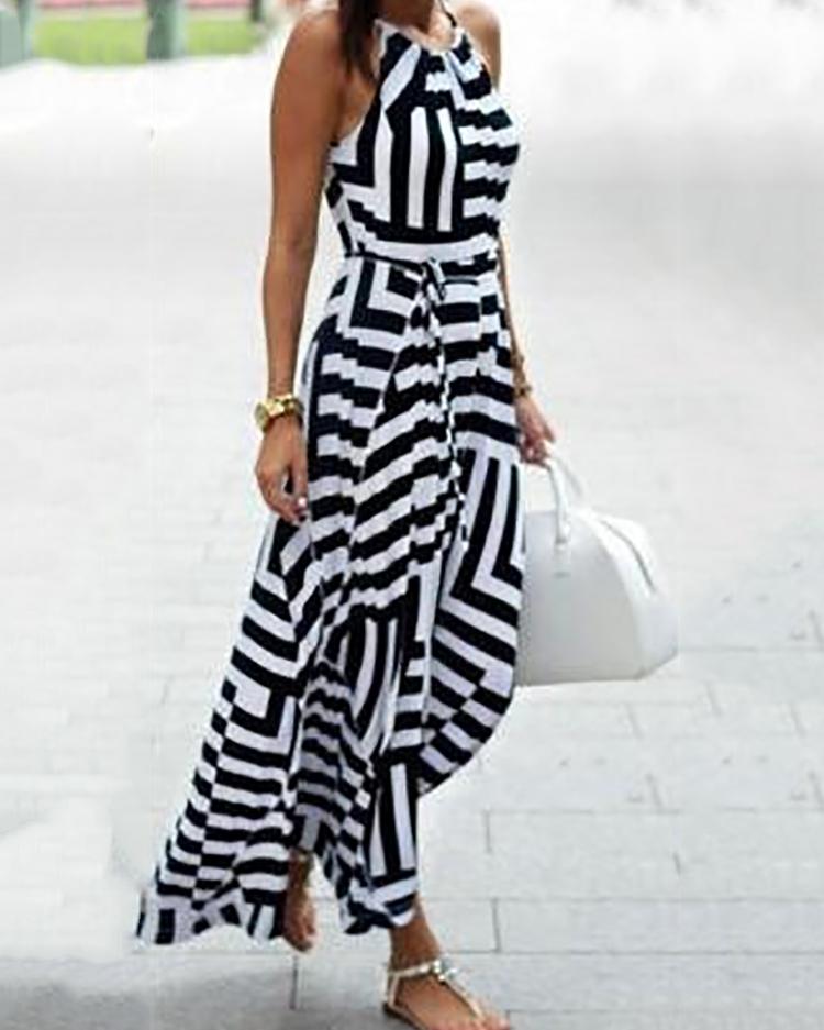 

Striped Print Colorblock Sleeveless Maxi Dress, Black