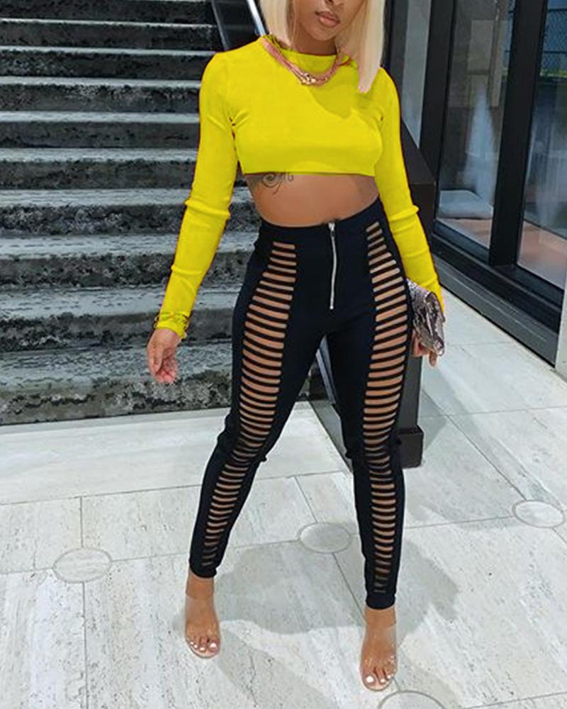 

Solid Color Long Sleeve Pants Sets, Yellow