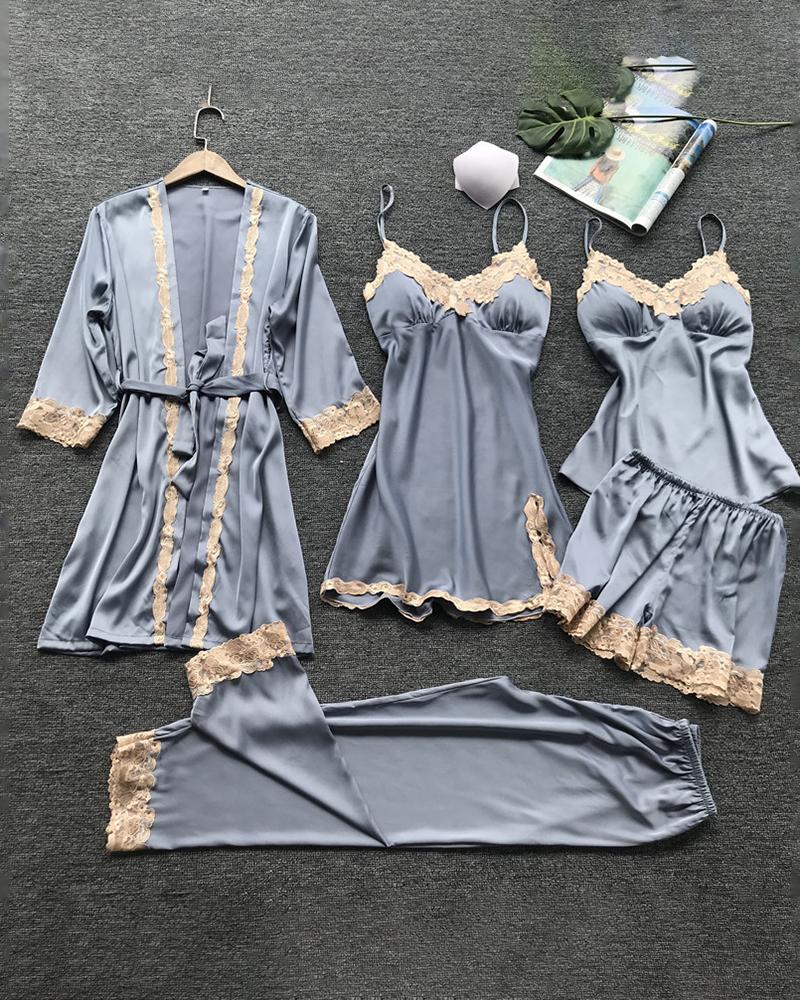 

5PCS Satin Lace Trim Sleepwear Set, Blue
