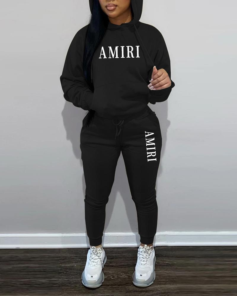 

Letter Print Long Sleeve Hoodie & Drawstring Pants Set, Black