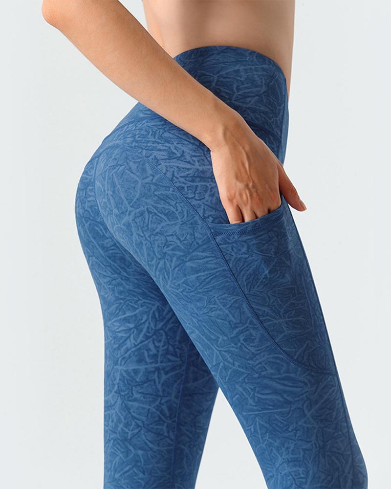 

Embossed Design Side Pocket Butt Lift Leggings, Blue