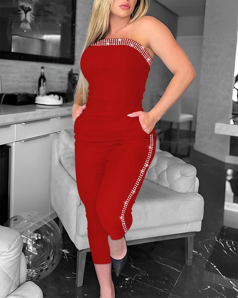 

Rhinestone Decor Strapless Bandeau Jumpsuit, Red
