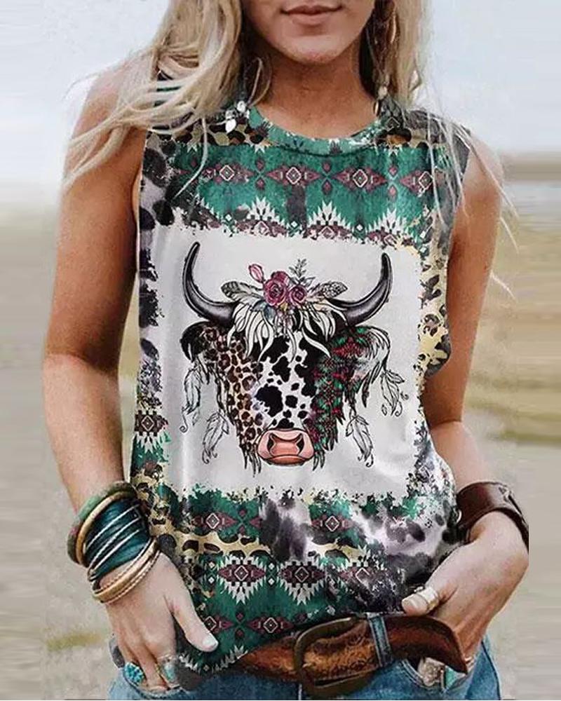

Aztec Geometric Leopard Highland Cattle Print Tank Top, Multicolor