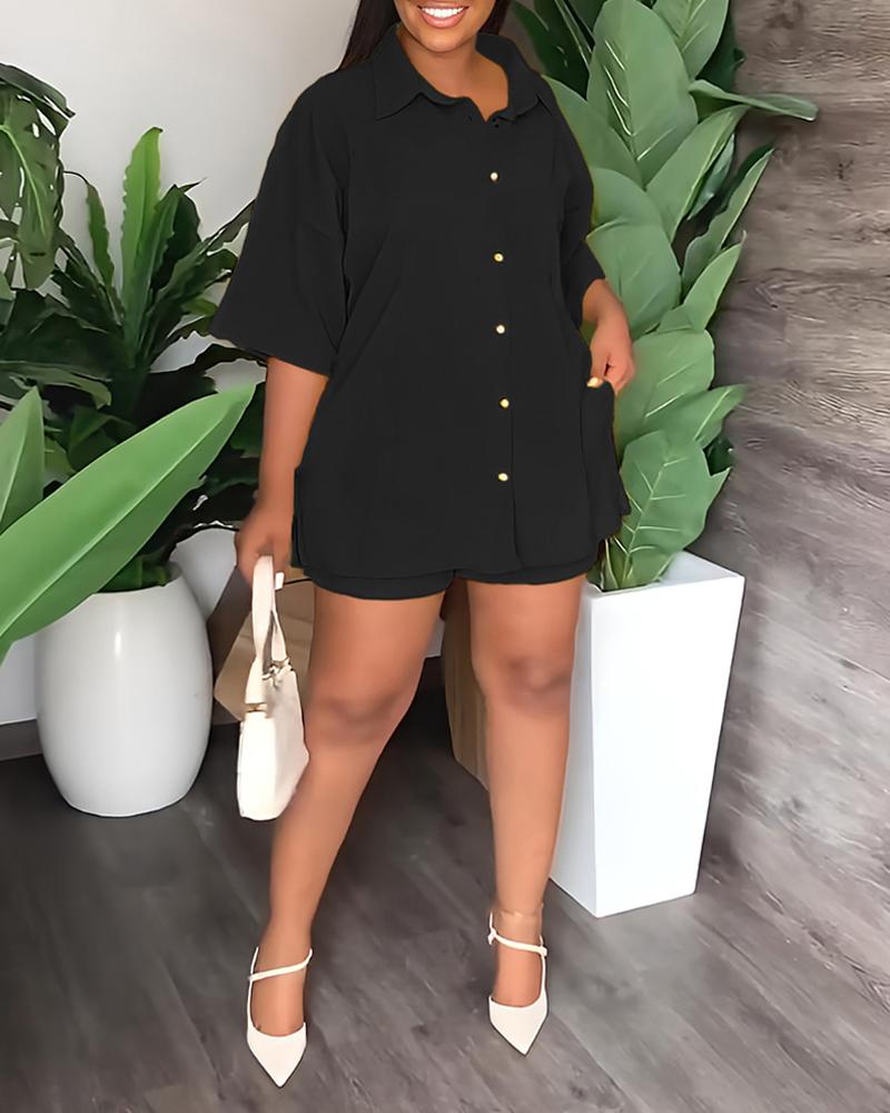 

Turn-down Collar Buttoned Top & Shorts Set, Black