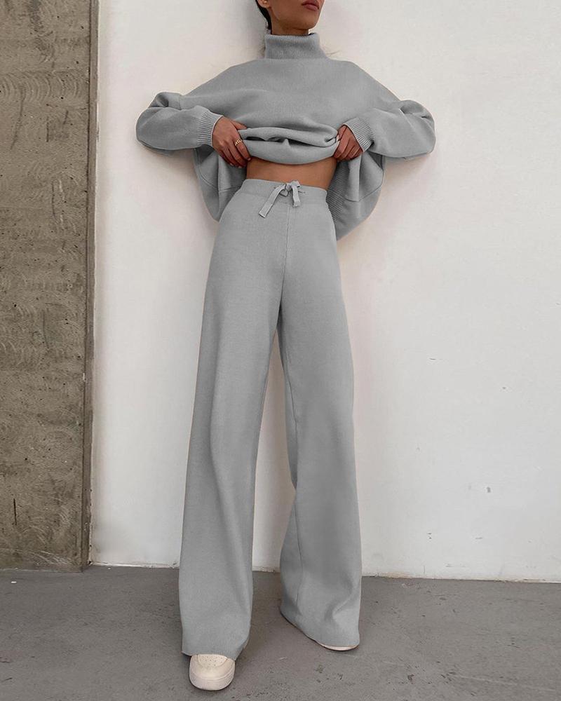 

Plain High Neck Top & Drawstring Wide Leg Pants Set, Gray