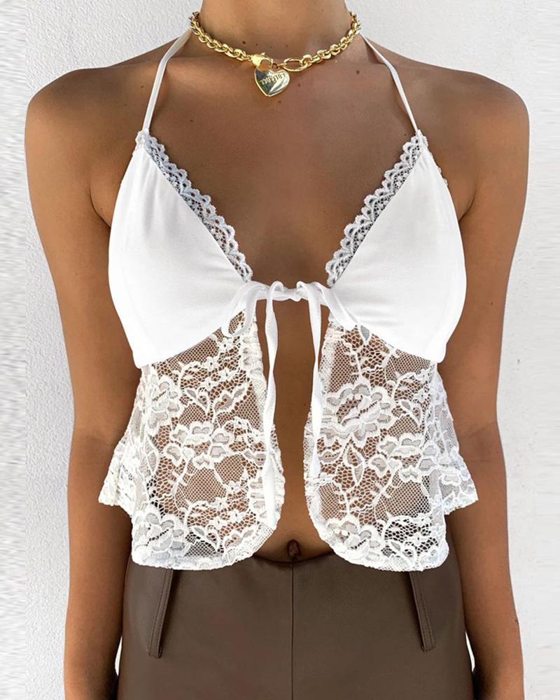 

Strap Crop Open Front Perspective Lace Tank, White