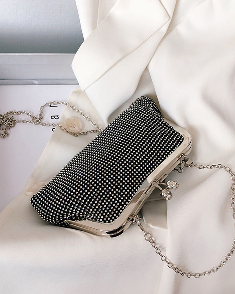 

Sparkling Rhinestone Shoulder Bag With Chain Handle, Black