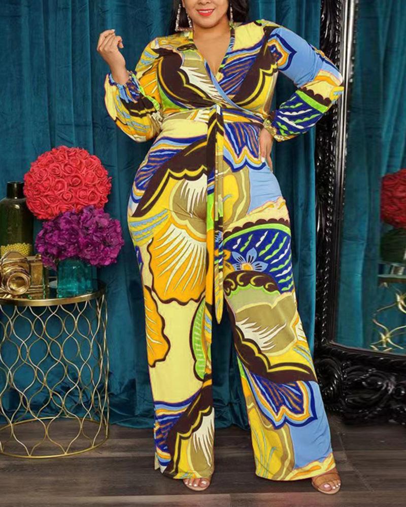 

Plus Size Graphic Print Long Sleeve Belted Jumpsuit, Yellow