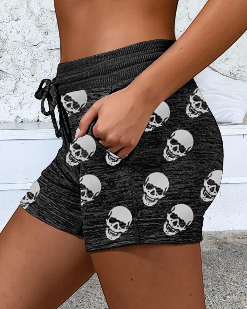 

Skeleton Print Skinny Drawstring Shorts, Black