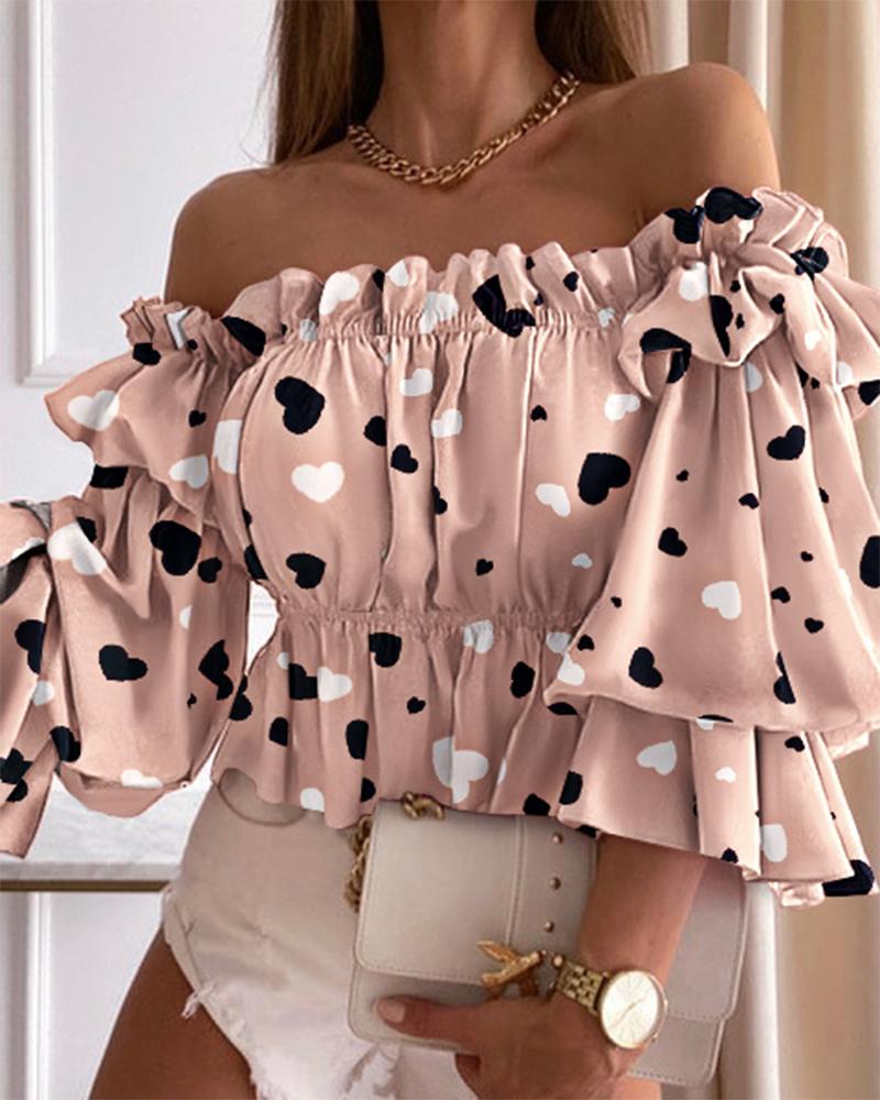 

Heart Print Off Shoulder Frill Hem Top, Pink