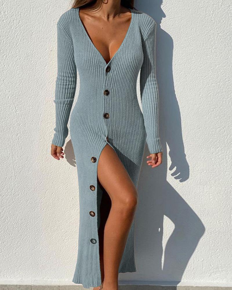 

Button Front Long Sleeve Dress, Blue