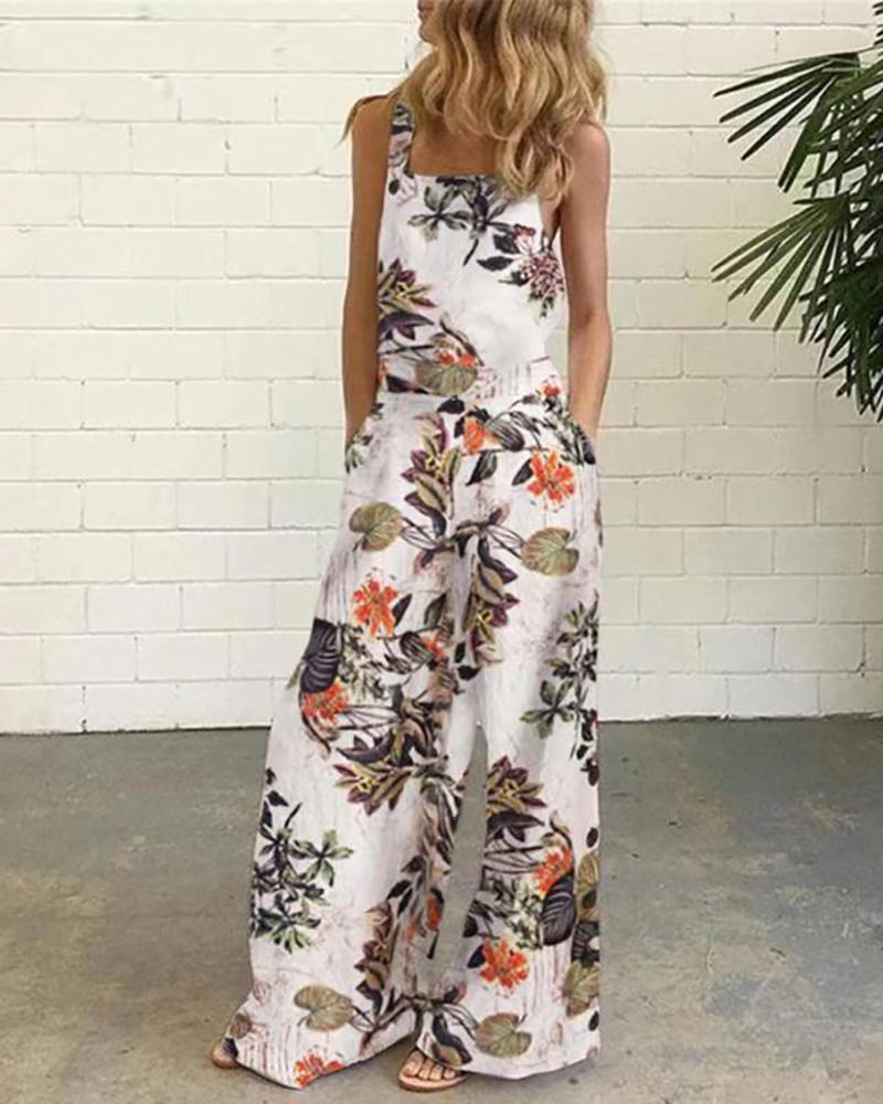 

Polkadot / Tropical Print Pocket Design Wide Leg Jumpsuit, Yellow